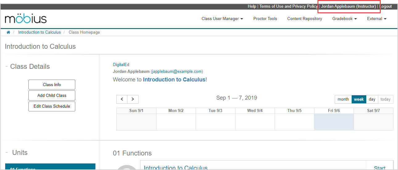 Your name is displayed in the top navigation bar or Möbius after the Help and Terms of Use and Privacy Policy links.